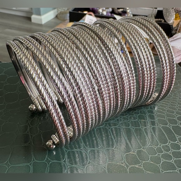 Accessories - Silver-Tone Twisted Cable Cuff Bracelet Stack